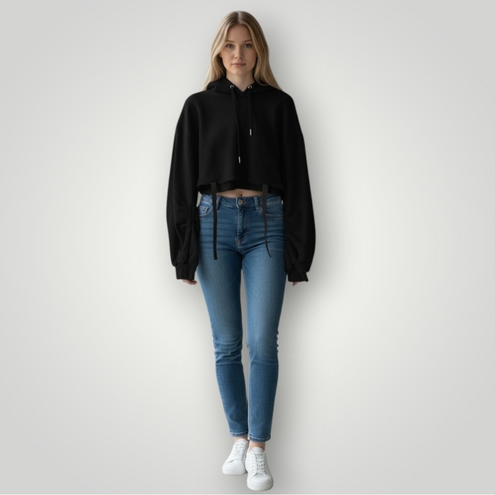 Manière De Voir Black Cropped Hoodie 12 Drawstring Hem Streetwear Ruched
